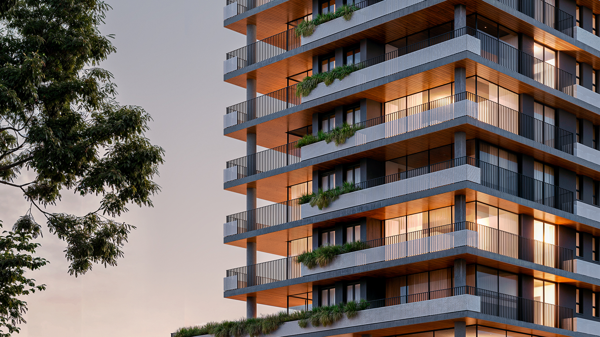 Edifício ao pôr do sol se transforma em uma vista arquitetônica explodida