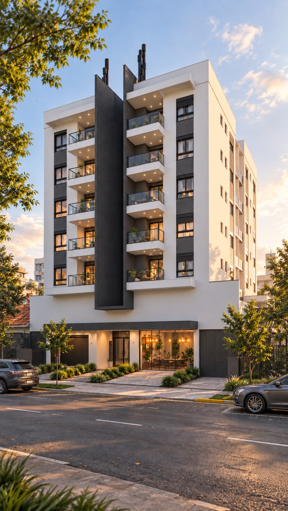 Edifício contemporâneo com sacadas e luz de fim de tarde